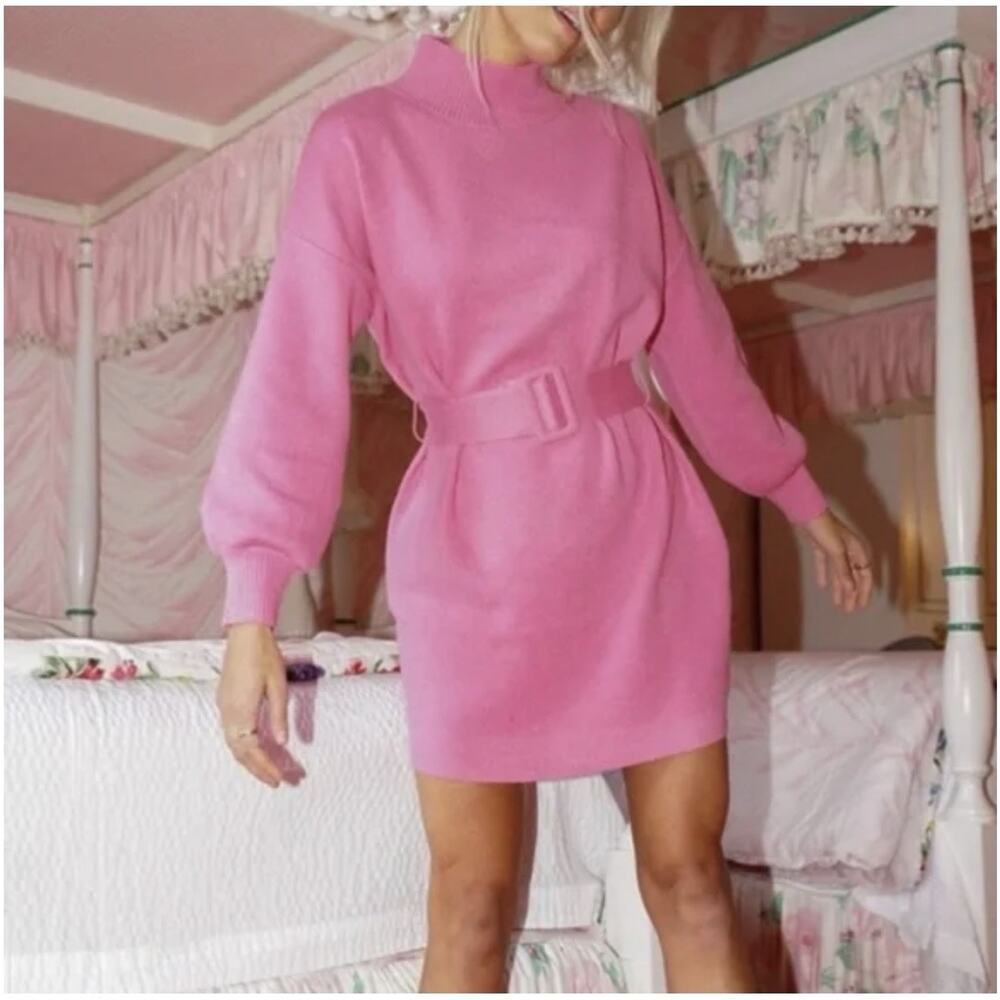 Pink‎ Knit Belted Balloon Sleeve Mock Neck Mini Sweater Dress Size L - Picture 2 of 11